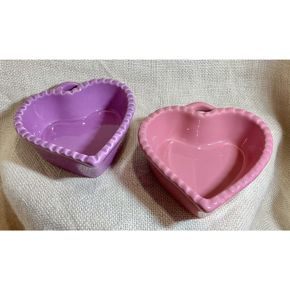 2 vintage WILLIAMS SONOMA pink & purple Rustic Heart small ramekins